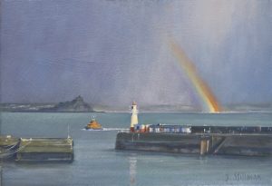 Rainbow over Mounts Bay from Newlyn 7x10 inches